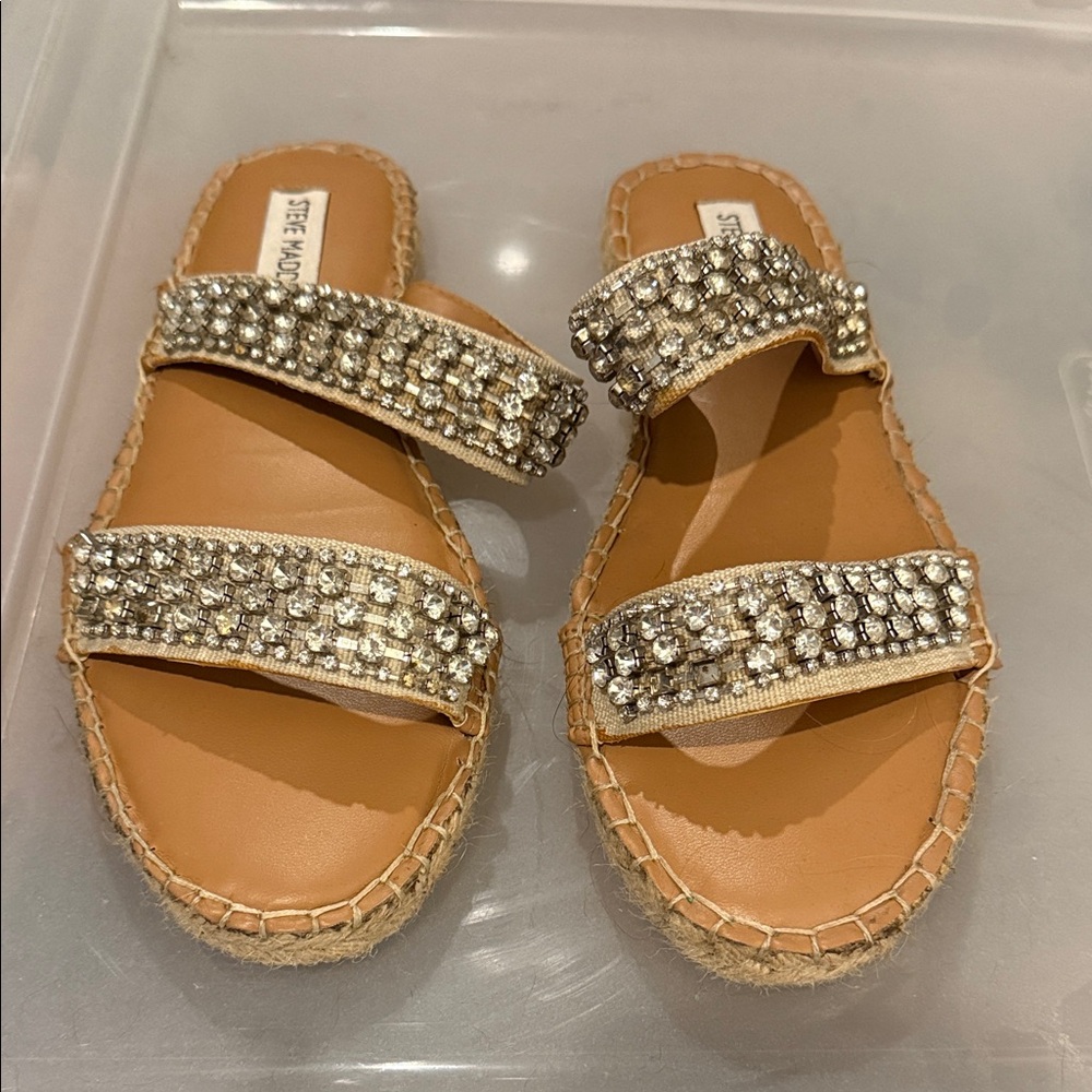 Steve Madden Tan Sandals with Glittering Silver Straps